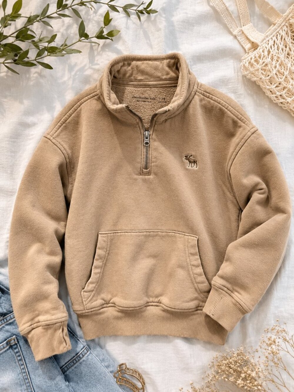 Abercrombie Kids Oatmeal Quarter Zip Fleece Pullover Sweatshirt Youth 7/8 Cozy